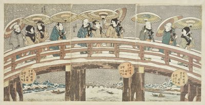 Cena de inverno com uma procissão de atores que augura felicidade de Utagawa Kunisada