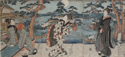 Desfrutando o lazer em um restaurante antes de receber clientes, do início a meados do século 19 (xilogravura colorida (tríptico)) de Utagawa Kunisada III