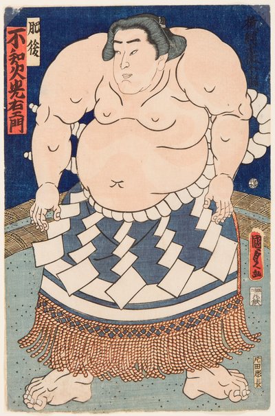 Retrato da lutadora de sumo Shiranui Mitsuemon (1825-1879) com um avental ritual. Impresso por Utagawa Kunisada II (1823-1880) de Utagawa Kunisada II