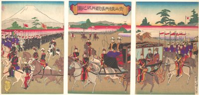 Vista de um desfile de revisão militar em Aoyama, fevereiro de 1889 Meiji 22., fevereiro de 1889 Meiji 22. de Utagawa Kunisada II