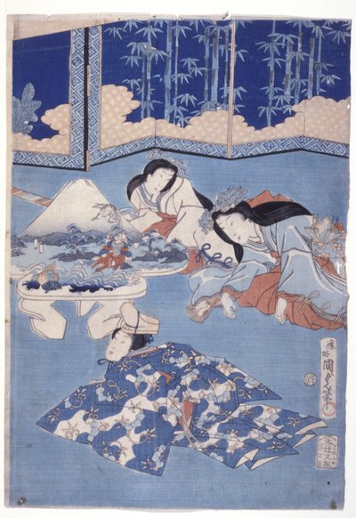 Acolhimento da Primavera com um Encontro de Flores (Hana Soroi Haru No Taimen) (impressão em bloco de madeira a cores) de Utagawa Kunisada II