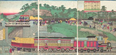 Ilustração de uma locomotiva a vapor rodando na estrada de ferro Takanawa em Tóquio Tokyo ta..., ca. 1873. de Utagawa Kuniteru