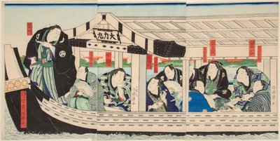 A lutadora de sumo Dairiki Maru em um barco com amigos. Impresso por Utagawa Kuniteru (1808-1876) de Utagawa Kuniteru