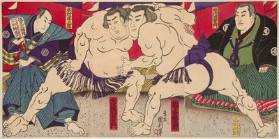 Combate de lutadores de sumô Umegatani Rodachi e Kimura Shonosuke. 38x72,5 de Utagawa Kunitoshi