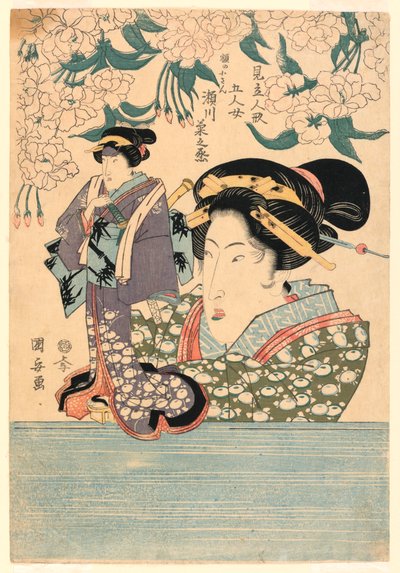Pentáptico: Cinco meninas com fantoches de teatro de Utagawa Kuniyasu