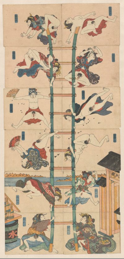 Série de doze koban Shunga com prostitutas no papel de bombeiros acrobáticos de Utagawa Kuniyoshi (school of)