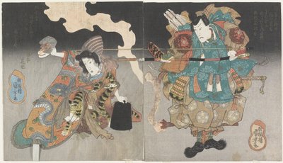 (Guerreiro e Mulher com Máscara de Macaco), c. 1843-1847 de Utagawa Kuniyoshi