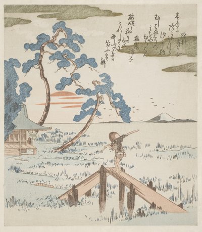 Um agricultor a atravessar uma ponte pedonal de Utagawa Kuniyoshi