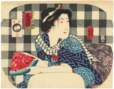 Mulher segurando uma fatia de melancia, da série Famous Brands of Sake (Meishu zoroi) de Utagawa Kuniyoshi