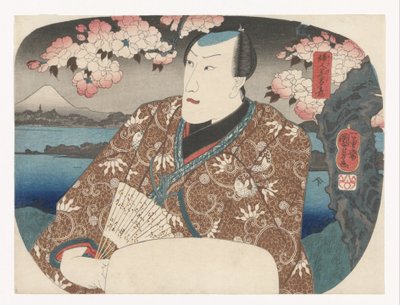 Actor com ventilador sob flor de cerejeira de Utagawa Kuniyoshi