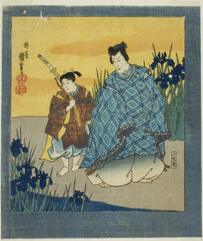 O ator Ichikawa Danjuro VIII no papel de Narihira em Yatsuhashi, de "Um ecrã sêxtuplo de imagens famosas (Meiga rokushi byobu)" de Utagawa Kuniyoshi
