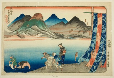 Akasaka, Fujikawa, Okazaki, Chiryu e Narumi, da série "Lugares Famosos nas Cinquenta e Três Estações do Tokaido, Cinco Estações (Tokaido gojusan eki goshuku meisho)" de Utagawa Kuniyoshi