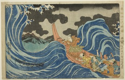 Lançando um mantra nas ondas em Kakuta em seu exílio na ilha de Sado (Sashu rukei Kakuta nami daimoku), da série "Concise Illustrated Biography of the Great Priest [Nichiren] (Koso go ichidai ryakuzu)" de Utagawa Kuniyoshi