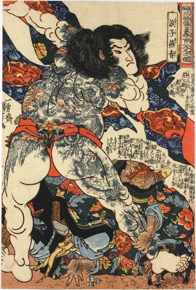 Impressão a cores em bloco de madeira, da série Tsuzoku Suikoden goketsu hyakuhachi-nin no ikko (108 Heroes from the Popular Tales of the Water Margin), representando Roshi Ensei: Japão, de Utagawa Kuniyoshi de Utagawa Kuniyoshi