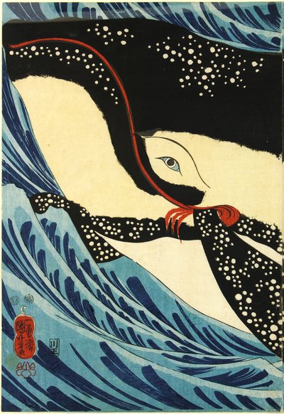 Tríptico de impressão a cores, retratando o grande espadachim Miyamoto Musashi a atacar uma baleia gigante ao largo da costa da província de Hizen: Japão, Edo, de Utagawa Kuniyoshi de Utagawa Kuniyoshi