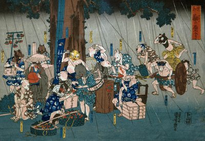 Animais Cómicos a Abrigar-se da Chuva (Dōke kemono no amayadori), c.1842 de Utagawa Kuniyoshi