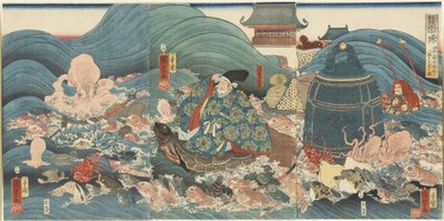 Deus Dragão Premiado Hidesato com Três Presentes, abril de 1858 de Utagawa Kuniyoshi
