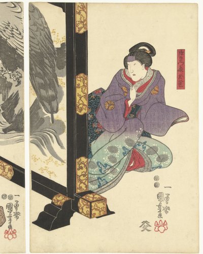 Três actores num ecrã dobrável de Utagawa Kuniyoshi