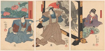 Três atores em uma tela dobrável de Utagawa Kuniyoshi