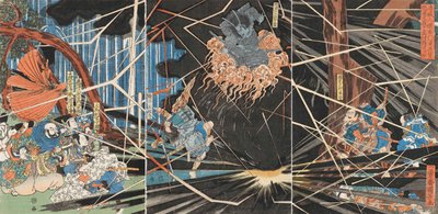 Fantasma de Akugenda Yoshihira que ataca Nanba Jiro na cachoeira de Nunobiki, ca 1825. de Utagawa Kuniyoshi