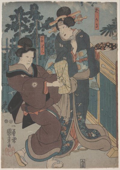 Menina com gueixa (xilogravura colorida) de Utagawa Kuniyoshi