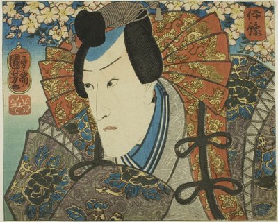 Província de Iyo: Ichikawa Danjuro VIII como Minamoto no Yoshitune, da série "Província de Iyo: Cenas modernas das províncias em Edo Brocades" de Utagawa Kuniyoshi