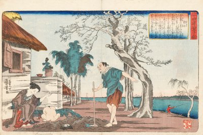 Kakkyo e sua esposa desenterrando um pote de ouro no buraco que estavam cavando para enterrar seu filho pequeno, assinado Ichiyusai Kuniyoshi ga, c.1843 (impressão em xilogravura colorida) de Utagawa Kuniyoshi