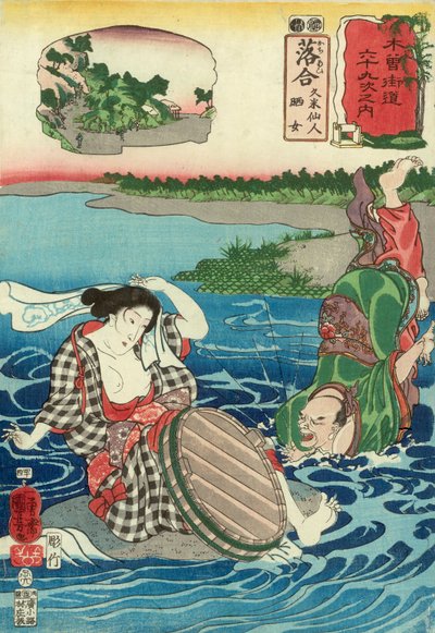 Kume Sennin cai num rio à vista de uma mulher de peito nu agachada numa rocha, Estação 45, publicada por Hayashi Shoehi (impressão a cores de bloco de madeira) de Utagawa Kuniyoshi