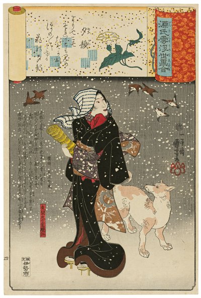 «A dama dos rostos do entardecer» (Yūgao): Orie, esposa de Yazama (Yazama-shi no shitsu Orie), da série Cenas entre nuvens de Genji combinadas com imagens ukiyo-e (Genji-gumo ukiyo e-awase) de Utagawa Kuniyoshi