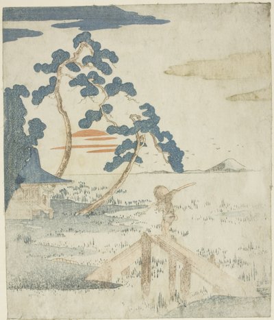 Man Crossing a Bridge as the Sun Rises, de uma edição sem título (sem poesia) das ilustrações para a série "Five Prints of Mount Fuji (Fuji goban no uchi)" de Utagawa Kuniyoshi