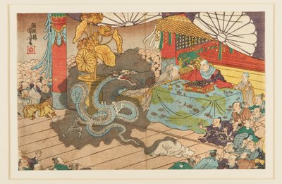 Manifestação da divindade das Sete Caras em Minobuzan, 9º mês 1277, século 19 de Utagawa Kuniyoshi