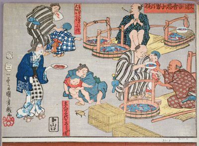 Ensino moral para shopboys, dando bons e maus exemplos de comportamento, 1857 (impressão em xilogravura colorida) de Utagawa Kuniyoshi