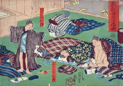 Ensino moral para shopboys, dando bons e maus exemplos de comportamento, 1857 (impressão em xilogravura colorida) de Utagawa Kuniyoshi