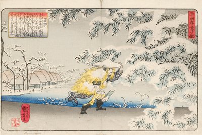 Moso caminhando pela neve carregando uma enxada, para coletar brotos de bambu para fazer sopa para sua mãe, assinado Ichiyusai Kuniyoshi ga, c.1843 (impressão de xilogravura colorida) de Utagawa Kuniyoshi