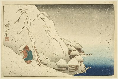 Nichiren in the Snow at Tsukahara on Sado Island (Sash? Tsukahara setch?) (impressão em bloco de madeira colorida) de Utagawa Kuniyoshi