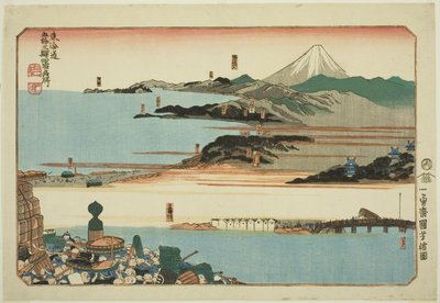 Nihonbashi, Shinagawa, Kawasaki e Kanagawa, da série "Lugares Famosos nas Cinquenta e Três Estações do Tokaido, Quatro Estações (Tokaido gojusan eki yonshuku meisho)" de Utagawa Kuniyoshi