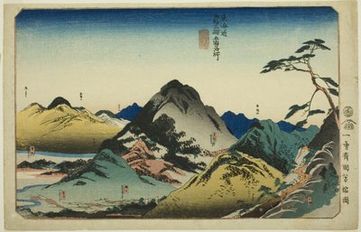 Nissaka, Kakegawa, Fukuroi, Mitsuke e Hamamatsu, da série "Lugares Famosos nas Cinquenta e Três Estações do Tokaido, Cinco Estações (Tokaido gojusan eki goshuku meisho)" de Utagawa Kuniyoshi