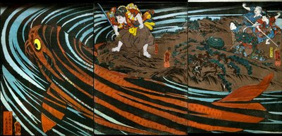 Oniwaka-maru prestes a atacar a Carpa Monstruosa de Utagawa Kuniyoshi