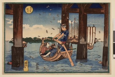 Marcadores de peregrinos a esvoaçar no mar por baixo da ponte perto da ilha de Tsukuda, da série Vistas famosas da capital oriental de Utagawa Kuniyoshi