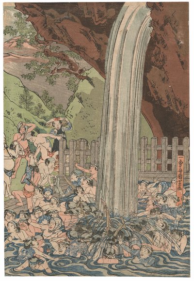 Peregrinos na Cachoeira Roben em Oyama, assinado Ichiyusai Kuniyoshi, publicado por Azumaya Daisuke, selo kiwame, tríptico Oban tate-e (impressão de xilogravura colorida) de Utagawa Kuniyoshi