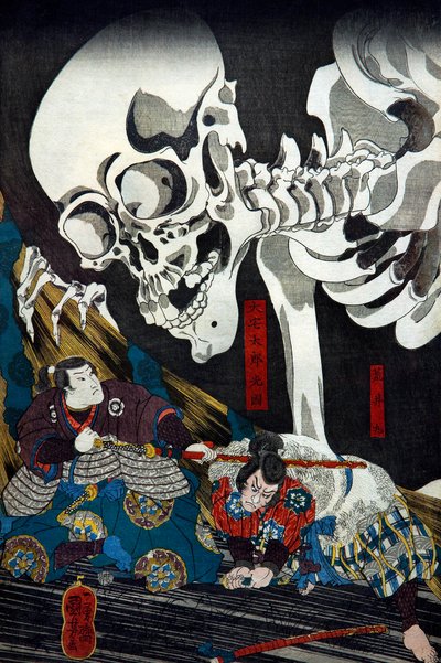 Princesa Takiyasha Chamando um Espectro de Esqueleto Monstruoso no Palácio Antigo em Sōma, c.1845-46 de Utagawa Kuniyoshi