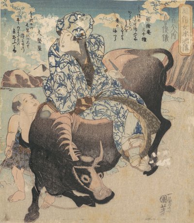 Roshungi chinês, Lu Zhunyi como uma mulher com um cachimbo andando em um búfalo. de Utagawa Kuniyoshi
