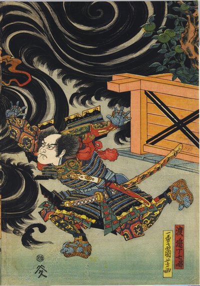 Folha de um tríptico de gravuras a cores, representando Minamoto no Yorimasa, auxiliado por Ii Hayata e Watanabe Choshichi, a abater a nue do telhado do palácio do Imperador Konoe: Japão, Edo, de Utagawa Kuniyoshi, c. 1820 - 1825 de Utagawa Kuniyoshi