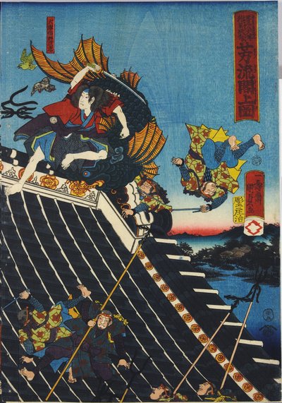 Folha de um tríptico de impressão em xilogravura colorida, intitulado H Ryukaku sh no zu representando uma cena do Hakkenden de Takiwzawa Bakin mostrando uma luta no telhado do templo entre Inuzuka Shino de Utagawa Kuniyoshi