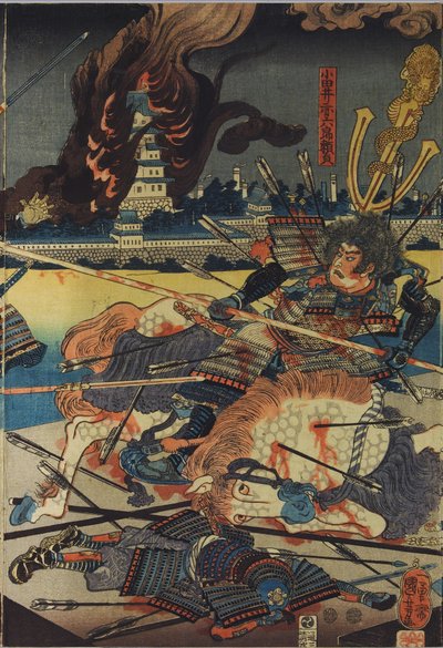 Folha de um tríptico impresso a cores, intitulado Shinshū Odai kassen no zu (The Battle of Odai in Shinano Province), retratando Odai Akarokurō Yorisada atirando três homens enquanto o seu castelo arde no fundo: Japão, Edo, de Utagawa Kuniyoshi de Utagawa Kuniyoshi