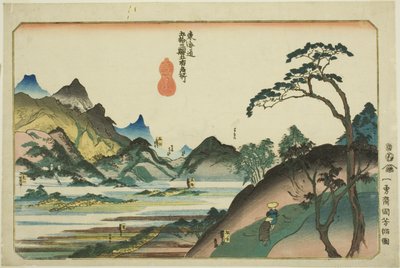 Shono, Kameyama, Seki, Sakanoshita e Tsuchiyama, da série "Lugares Famosos nas Cinquenta e Três Estações do Tokaido, Cinco Estações (Tokaido gojusan eki goshuku meisho)" de Utagawa Kuniyoshi