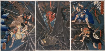 A Aranha da Terra morto pelos retentores do herói Raiko (944-1021), (&39;Minamoto no Yorimitsu, 944-1021&39;), c.1838, (impressão em xilogravura a cores) de Utagawa Kuniyoshi