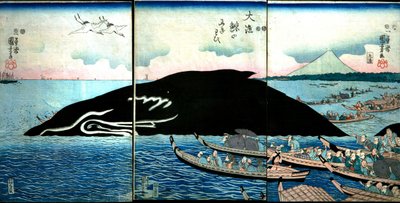 Throng de pessoas ao redor de uma baleia capturada de Utagawa Kuniyoshi
