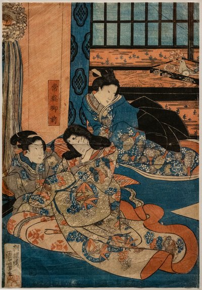 Tokiwa Gozen, amante de Minamoto no Yoshitsune, numa cena de Kabuki (xilogravura sobre papel) de Utagawa Kuniyoshi