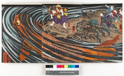 Tríptico, retratando Oniwaka-maru (o futuro Musashibo Benkei) prestes a atacar a carpa gigante que devorou a sua mãe, c.1845 (impressão a cores de bloco de madeira) de Utagawa Kuniyoshi